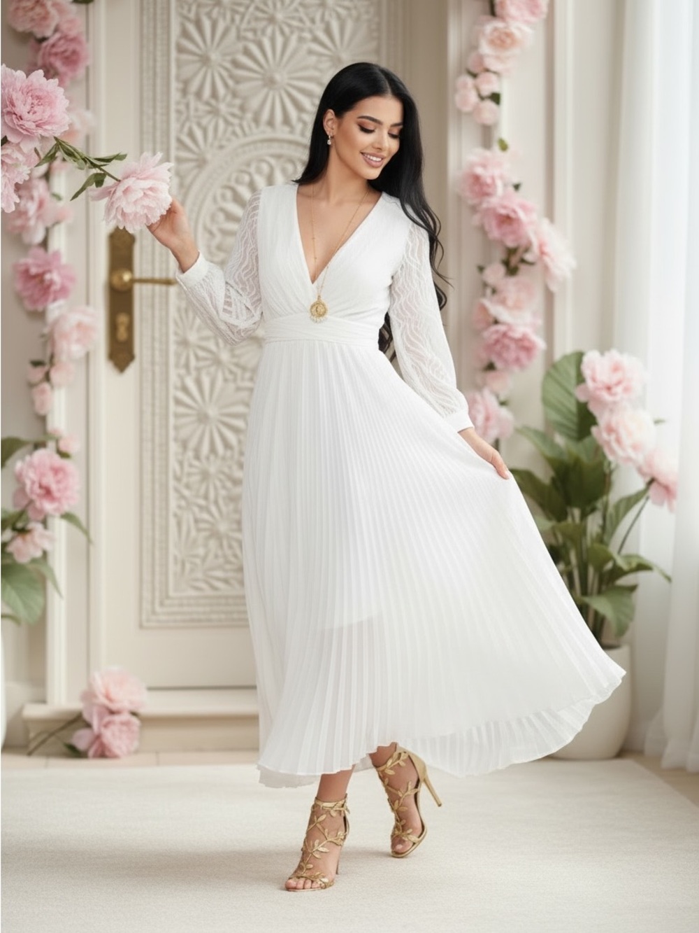 V-Neck White Pleated Maxi Dress with Sheer Long Sleeves - Picture 2 of 10